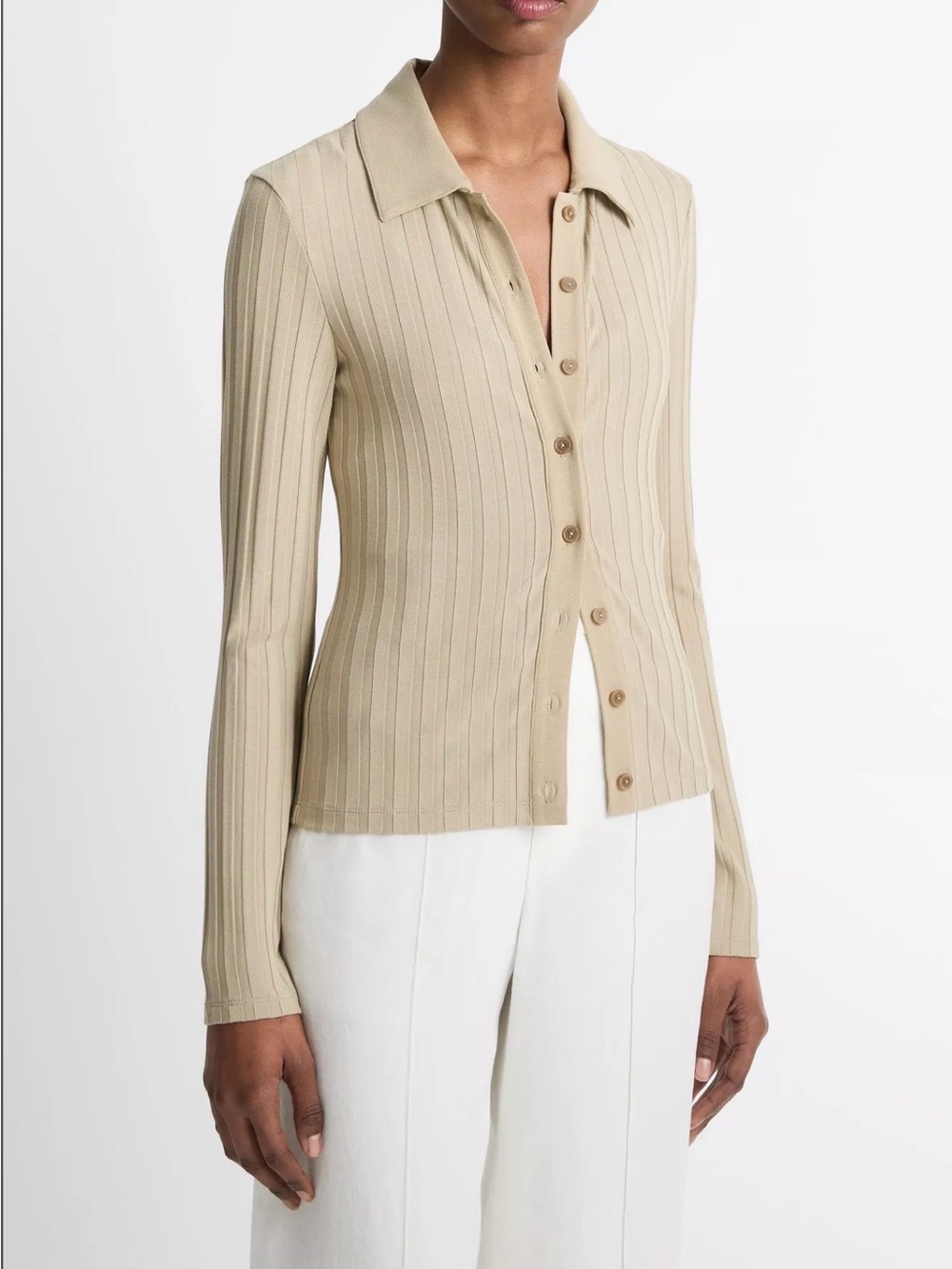 Vince Ribbed Collared Long-Sleeve Top
